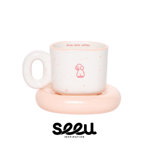 Seeu Ceramic Coffee Cup Set with Saucer Cute Little Dog Design Milk And Breakfast Cup Cheese Cake Inspired 270ml