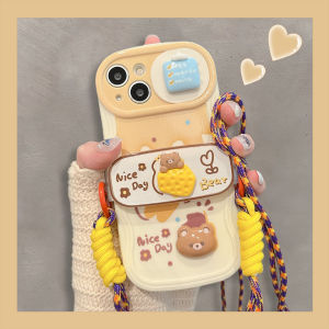 เคสโทรศัพท์มือถือแบบสะพายข้างลายหมีชีสสำหรับ Apple 14promax/16 พร้อมสายสะพายไหล่ หน้าจอแบบเลื่อนได้ ป้องกันการตกหล่น สำหรับผู้หญิง