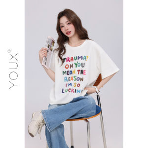 YOUXIANG | Áo Thun Dễ Thương Cổ Tròn Tay Ngắn Rainbow Emotion