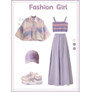 Summer Dopaamine Womens Fashion Set High Waist Short Top Vest with Half Skirt Pants Three Piece Set Polo Collar Polyester