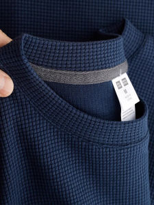 Retro White Blue Long Sleeve T-Shirt Loose Men Women Base Layer Casual Top Heavyweight Waffle Pattern Autumn Spring Fashion