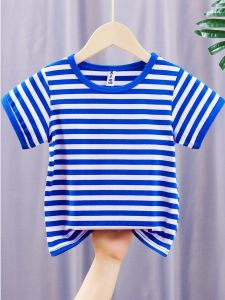 Childrens Short Sleeve T-Shirt Pure Cotton Striped Navy Style Summer Wear for Boys And Girls Casual round Neck Sweat Absorbent