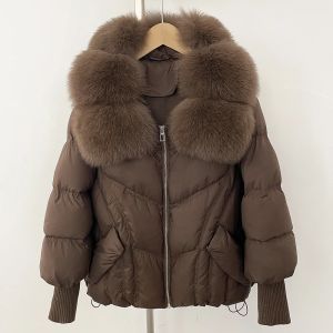 Áo Khoác Phao Nữ Có Cổ Lông Cáo Tự Nhiên Tay Áo Len Ấm Áp Áo Khoác Phao Lông Vũ Thời Trang Mùa Đông Phong Cách Công Sở Nữ Tính