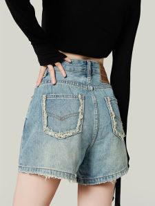 Summer 2025 High Waist Distressed Denim Shorts Womens Retro Slim A-Line Wide Leg Pants Casual Style Button Zipper Closure