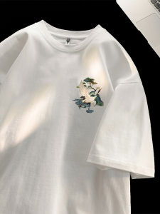 New Chinese Style Crane Short Sleeve Cotton T-Shirt Men Summer White Loose round Neck Half Sleeve Trendy Brand Casual Loose Fit Tee