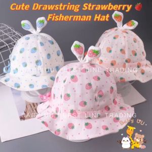 Baby Cute Drawstring Strawberry Summer Fisherman Hat Sun Hat Children Hat Topi Budak Comel Strawberi 宝宝婴儿可爱夏季薄款抽绳草莓渔夫帽太阳帽