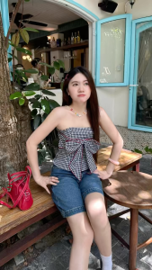 TheBlueTshirt - Áo quây ngực sọc caro ôm dáng thắt nơ cho nữ - Bow Top - Women