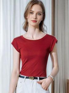 Lacele Tianli Womens Slim Fit round Neck T-Shirt Summer New Style Cool Feeling Short Sleeve Pure Color Commute Style Fashion Top