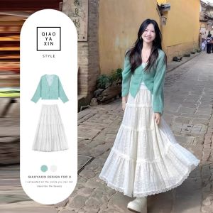 XUECAIQI | Slimming Elegant Outfit for Plus Size and Petite Women Lace Knit Top and Skirt Set