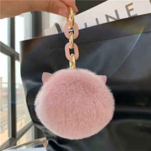 Trendy Cat Ear Car Keychain Cute Plush Bag Decor Real Rabbit Fur Pendant Creative Gift Keychain Soft Furry Ball Hanging Ornament