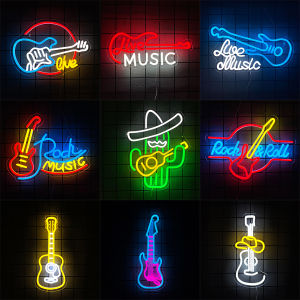 Guitar Rock and Roll Neon Sign  for Wall DecorLed Live Music Neon Light Sign for Bar Live Music Vocal Recital Concert Man Cave