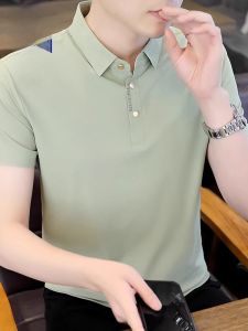 ROMON | Lormen Mens Short Sleeve T-Shirt Ice Silk Thin Quick Dry Half Sleeve Seamless Solid Color Summer Fashion Polo Shirt Business Style