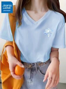 Jeanswest | Short Sleeve T-Shirt Blue Cotton V-Neck Casual Top