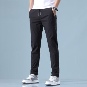 ROMON | Lormen Mens Casual Pants Summer Thin Ice Silk Quick Dry Loose Straight Tube Drawstring Elastic Long Pants Fashionable Urban Basic Style