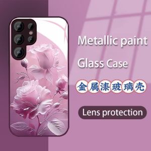 Samsung Galaxy S23FE S24Plus S22Ultra A54 A53 A52 Phone Case Womens Style Full Cover with Lanyard Pink Rose Flower Design Glass Shell
