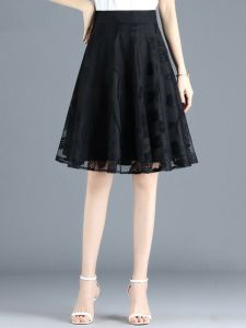 Black Lace Half Skirt Midi Wedding Dress Gloves Summer 2024 High Waist Versatile Slimming Stylish Umbrella Skirt