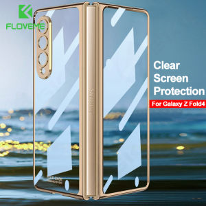 FLOVEME Plating Transparent Folding Phone Case For Samsung Galaxy Z Fold 6 Z Fold 5 Fold 4 5G With Front Glass Screen Film Protector All-inclusive Clear Hard PC Back Cover For Galaxy Z Fold6 Z Fold 5 Fold 4