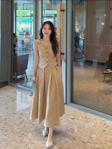 Elegant Fashion Set Summer 2025 Square Collar Top with Flared Skirt Womens Clothing Short Sleeve Button Style Versatile Use