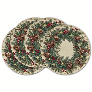 VIKAMA 4PC Christmas Wreath Meal Mat Pine Branches Pinecone Berries Gold Stars Desktop Decoration and Accessories