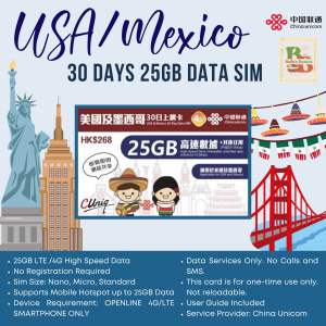 USA / MEXICO 30DAYS 25GB Travel Data simcard