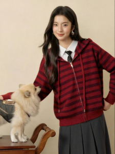 SEIFINI | Hooded Zipper Color Block Stripe Sweater Coat