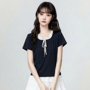 ZISUO | Navy Blue Faux Two-piece Short Sleeve Lace Spliced T-shirt