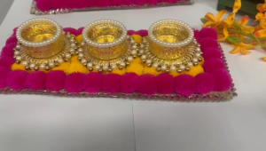 Handmade Pom Pom Tealight Candle Holder Decorative Diya Holder for Home Décor Yellow & Pink 1 Pc