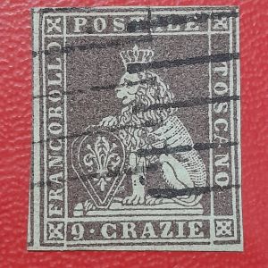 Prangko Italia klasik koleksi Kuno Langka 9 Crazie Lion Of Tuscany Tahun 1851-1855 USED