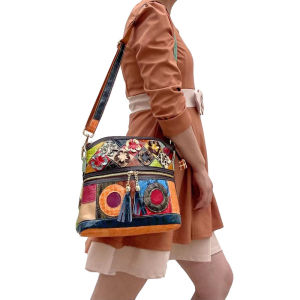 BeeGreen Women Colorful Cowhide Shoulder Bag Multicolor Flower Patchwork Crossbody Bag Casual Serpentine Texture Sling Bag