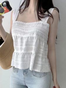South Korea Chic Summer Younger Retro Elegant Simple and Fresh Embroidery Sweet Lady Spaghetti-Strap Camisole Top Female