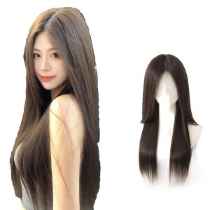 Natural Black Long Straight Full Head Wig Lace Frontal Seamless Lightweight Real Hair Parting White Moonlight Wig