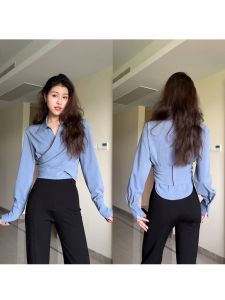 Zhang a Xing Mist Blue Island Slim Fit Shirt Commute Style Cross Front Design Korean Version Long Sleeve Polo Neck Pure Color