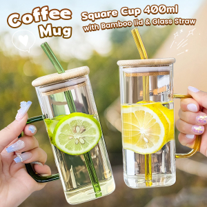 MaxPlus 400ml Creative Square Borosilicate Glass Cup with Colored Handle and Bamboo lid & Glass Straw