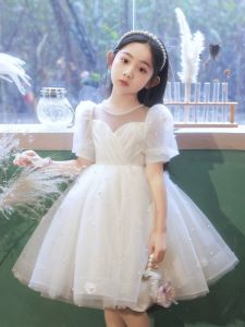 Princess White Dress Childrens Dress Wedding Host Girls Dress Cotton Polyester Material A-Line Skirt Summer Season