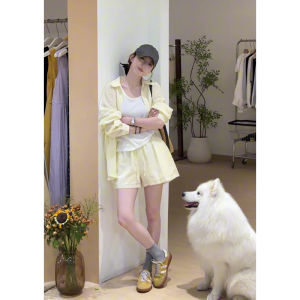 YUEZHONGWEI | Blue Sun Protection Shirt Jacket Two-Piece Set Summer Womens Clothing Age-Defying Elegant Complete Outfit Short Pants