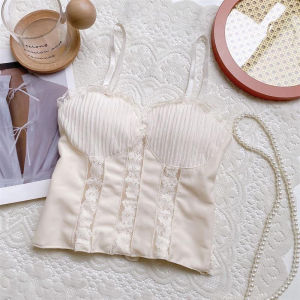 เสื้อกั๊กเกาะอกแต่งขอบลูกไม้สไตล์ฝรั่งเศส สำหรับผู้หญิงในฤดูร้อน ดีไซน์เก๋ไก๋ ทรงสลิมฟิต ใส่ได้สองทาง ใส่ด้านนอกได้