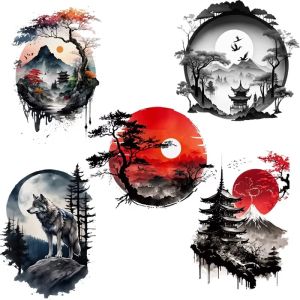 2PC Ink Wash Style Natural Scenery Transfers Sun Rise and Sunset Painting Vinyl Heat Transfer Patch for Clothes Applique Sticker