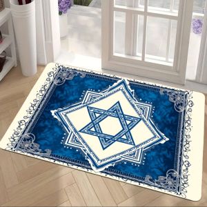 VIKAMA Star of David Doormat Vintage Blue Lace Pattern Non‑Slip Floor Mat Indoor Outdoor Entrance Home Front Door Decor