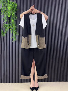 plus Size Womens V-neck T-shirt Pants Set Commuter Fashion round Neck Short Sleeve Color Block Bottom Placement Trio Suit