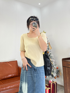 plus Size Womens Summer New Pure Color Simple Square Collar Short Sleeve Loose Knitted Top Versatile Slimming T-Shirt