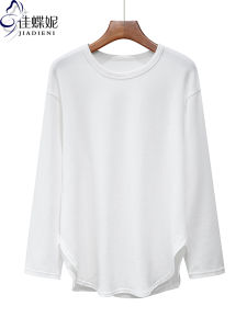Spring New Style Korean round Neck Pure Cotton Loose White Mid-Length Tailored Long Sleeve Base Shirt Womens T-Shirt