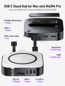 Lemorele | Lemorele 9 Port Docking Station for Mac Mini M4 /M4Pro USB HUB HDMI DP 4K 60Hz M.2 NVMe SSD Slot 10Gbps TF/SD 3.0 Dock Stand
