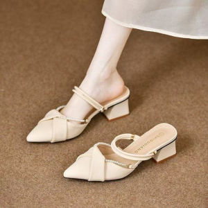Summer French Pointed Toe Pearl Decoration Slip Ons Sandals Womens Retro Fashion Soft Leather Mules Paired With Skirts Slippers