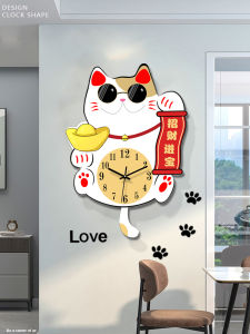 2025 New Restaurant Lucky Cat Clock Creative Simple Wall Hanging Clock for Living Room Wooden Material Battery Powered