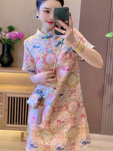 New Chinese Style National Trend Improved Elegant Cheongsam Dress Women Summer New Short Sleeve Floral Print Button Dress
