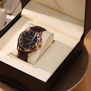 ZUNPAI Jam Tangan Pria Asli Tahan Air Tali Kulit Bisnis Kalender Bercahaya Coklat Mewah Kronograf Multifungsi Jam Pria Set Hadiah