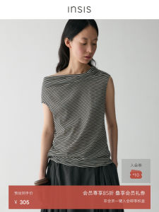 Insis Femme Wool Stripe T-Shirt Asymmetrical Summer Artistic Womens Top Short Sleeve Classic Pattern Pure E-commerce Sale