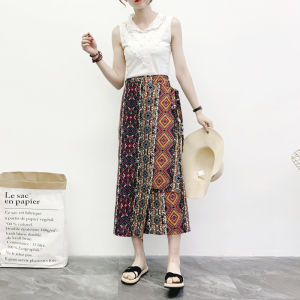 Váy Midi Cotton Lanh in Họa Tiết Phong Cách Dân Tộc Một Mảnh Cho Nữ Mùa Thu Váy Ngắn Nửa Thân Váy Chữ a Cạp Cao Không Đối Xứng