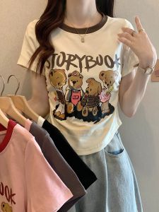 Áo Thun Nữ Tay Ngắn Dáng Ôm in Chữ Hoạt Hình Mùa Hè Không Đều Che Bụng Thời Trang Công Sở Phong Cách Hàn Quốc Cổ Tròn