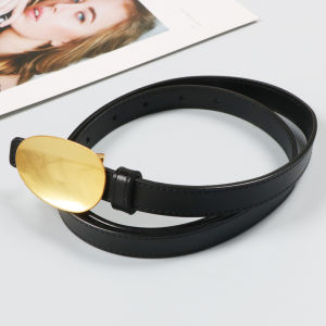 Cher Custom Golden Metal Oval Buckle Genuine Leather Thin Belt Decoration Dress Denim Outwear Belt